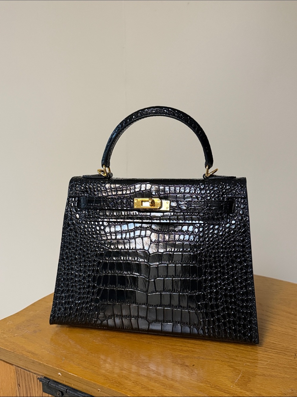 Black Croc  Structured Top-Handle Bag - Black